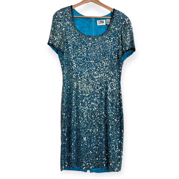 Vintage Nite Line 100% Silk Teal All Over Sequin Sheath Dress Women's Size 10 - Picture 1 of 12